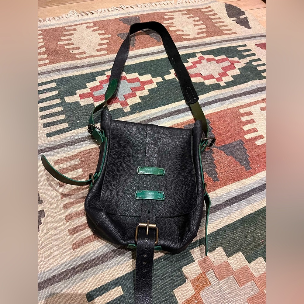 Handmade custom leather black and green side bag